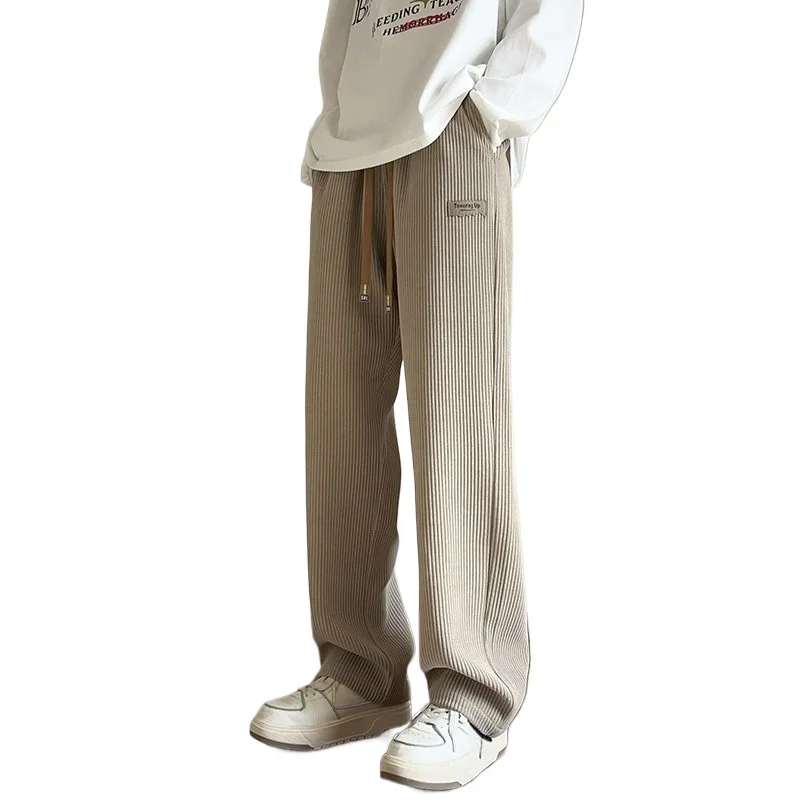 

Fashion Dual Cord Decor Drawstring Waist Wide Leg Casual Pants Full Length Loose Straight Bottom Trousers for Men Streetwear