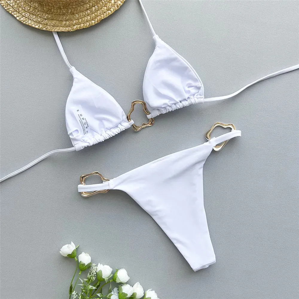 Solid White Triangle Micro Bikini Thong Metal Ring Sexy Swimsuit Women Holiday Ladies Swimwear High Cut Bathing Suit Bikinis Set