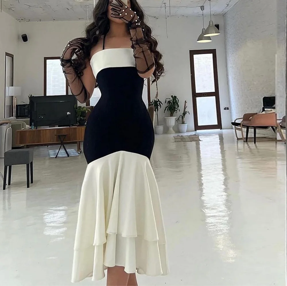 Customized High Quality Satin A-Line Evening Dress Temperament Tea Length Strapless Detachable Sleeve vestidos para mujer