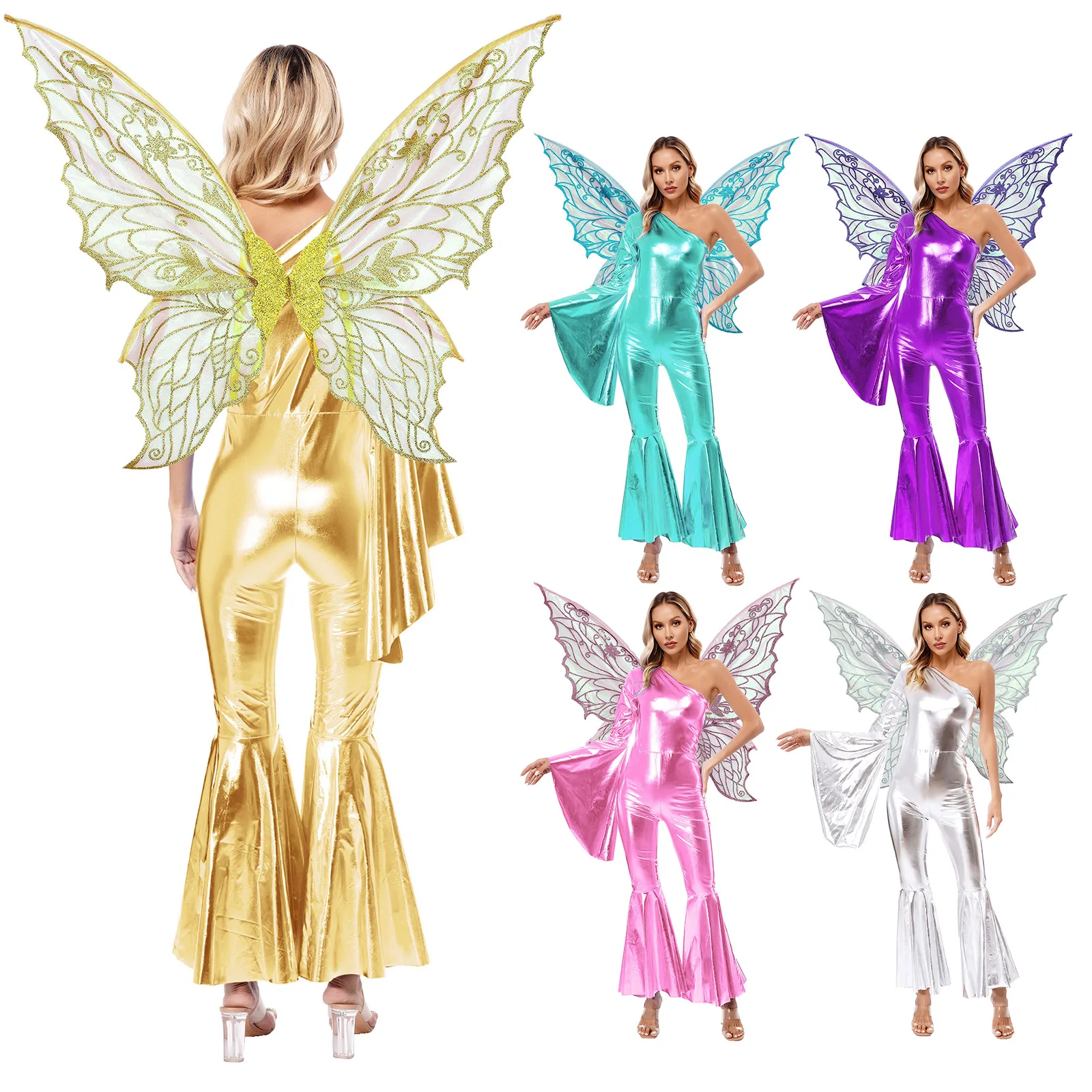 Women Disco Metallic Shiny Dance Jumpsuit One Shoulder Bell-Bottom Hippie Bodysuit with Butterfly Wings for Rave Jazz Dancewear