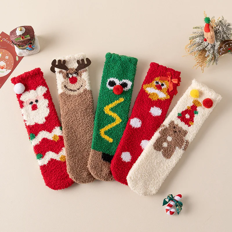 

5 пар женских чулок, зимние утолщенные теплые носки для сна, комплект для девочек, рождественское платье, милые забавные кавайные носки средней длины