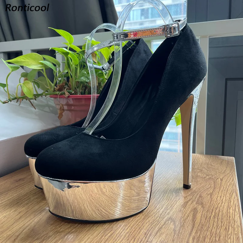 

Ronticool Handmade Women Platform Pumps Sexy Thin High Heels Round Toe Classics Black Party Shoes Ladies US Plus Size 5-20