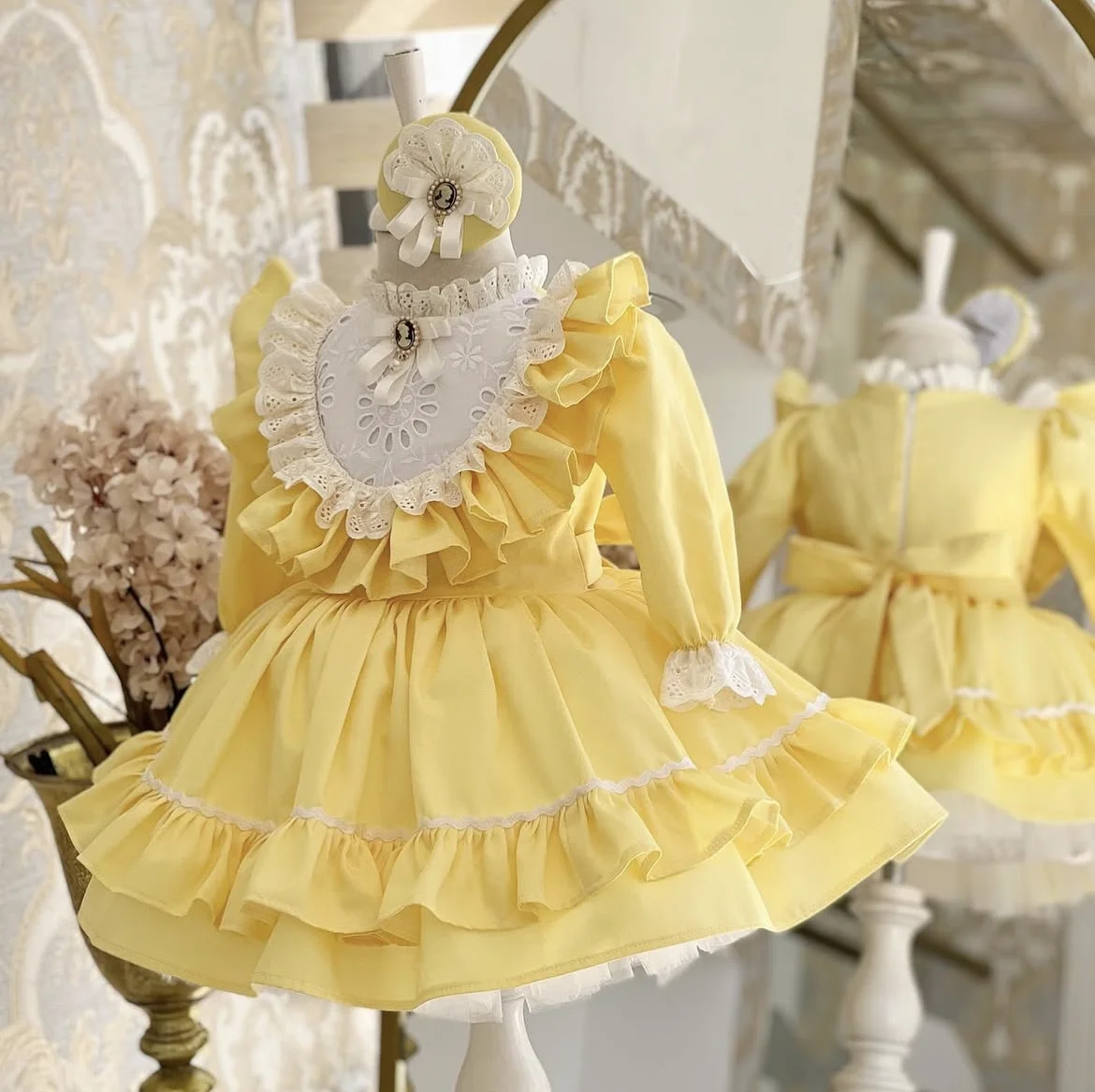 2025 Summer Autumn Baby Girl Yellow Long Sleeves Turkish Vintage  Princess Dress for Party Birthday Eid Photography C19