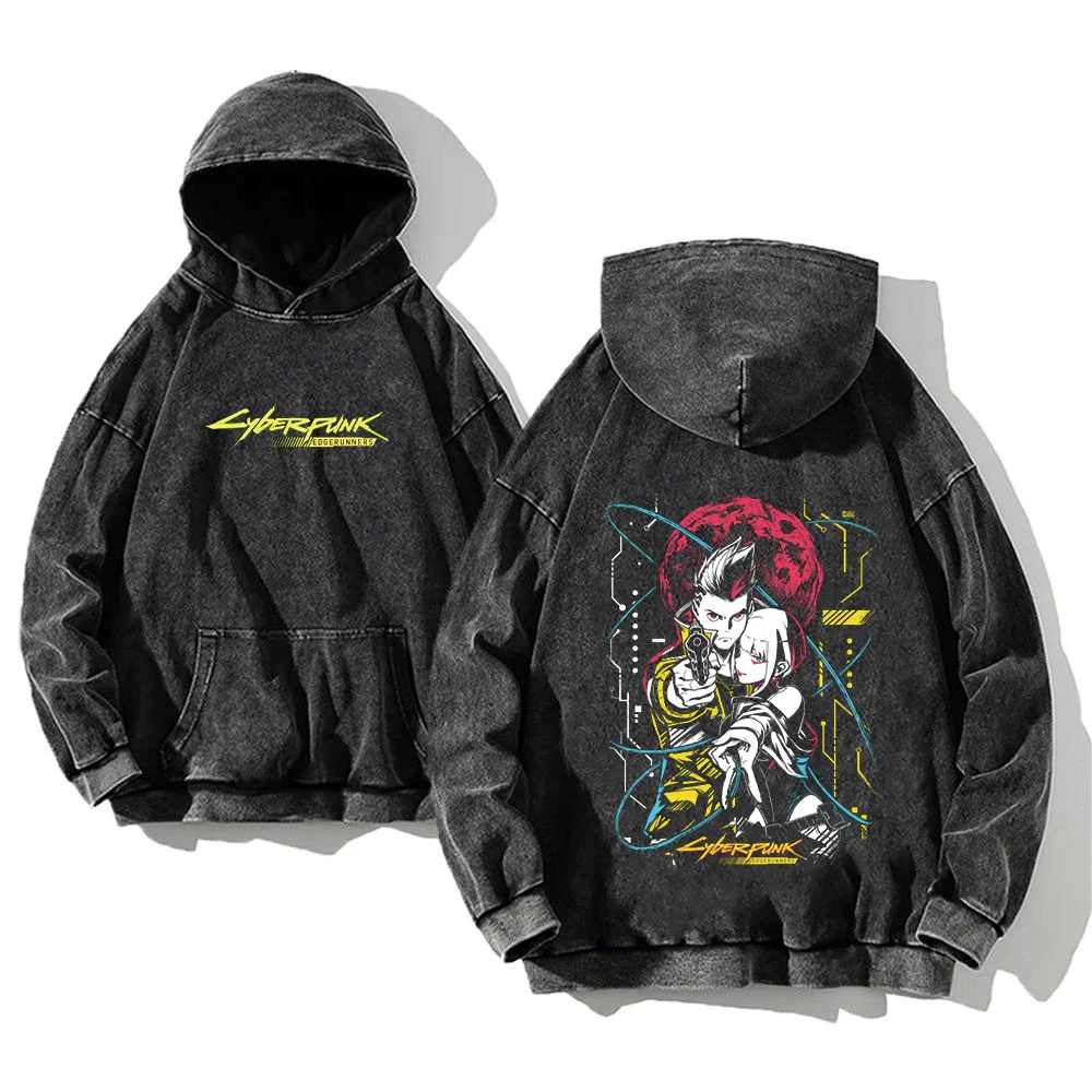 Anime Cyberpunk: Edgerunners Washed Hoodies Printed Casual Men Contains Cotton High Quality Fashion Loose Pullover Unisex