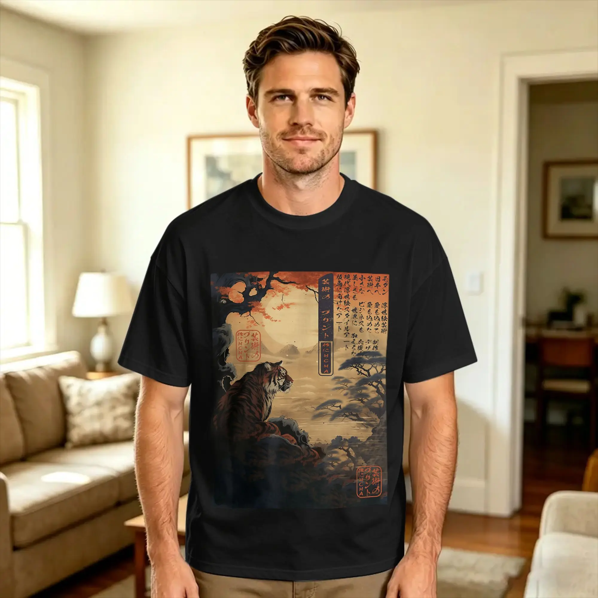 Ukiyo e Sunset Tiger Gaze Japanese Cotton T Shirt For Men's Beach  Streetwear T Shirts Harajuku Tees Oversized Dropshipping Tops