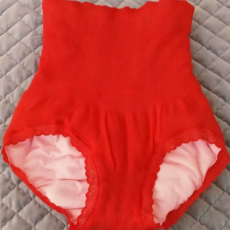 37cm High Waist Cotton Blended Women Briefs Shaping Warmth Lace Trim Panties Elastic Tummy Control Ladies Underwear Plus Size