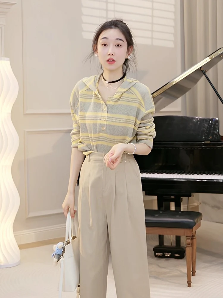 

OUDOEE Korean Sle Striped Hooded Knitwear Women's Loose Long Sve Color Blo Top Spring 2026 Casual Polyester Blend