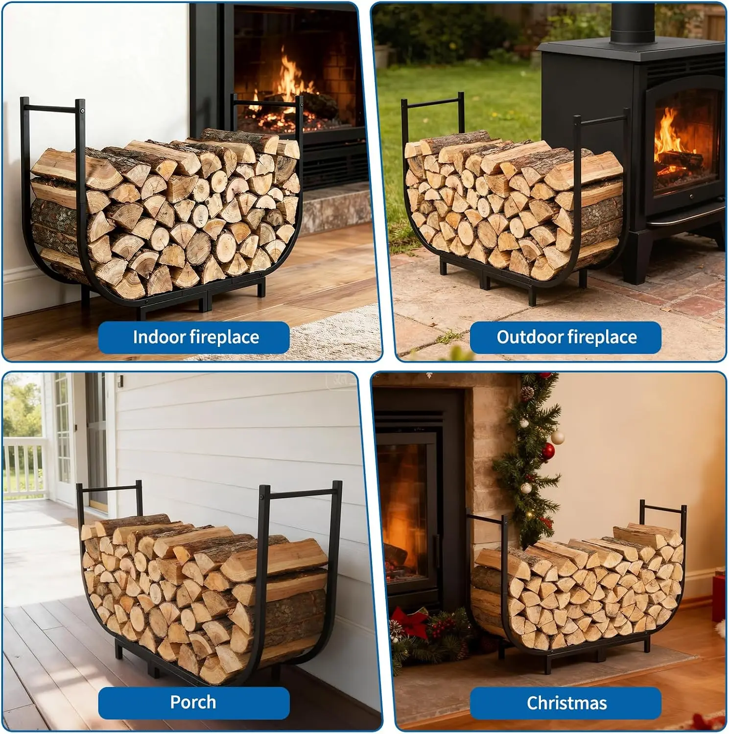 Firewood Rack Outdoor w Thicken Cover, 40 Inch Indoor Large Firewood Rack-Stable Curved Firewood Storage Heavy Duty & Rustproof Metal Log Holder w Hook for X-mas Decoration or Tools Nearby Fireplace - view 7