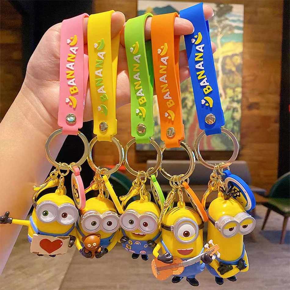 Kawai Minions Keychain Cartoon Toys Model Silicone Pendant Keyring Cosplay Chinese Zodiac  Car Backpack Key Holder Accessories