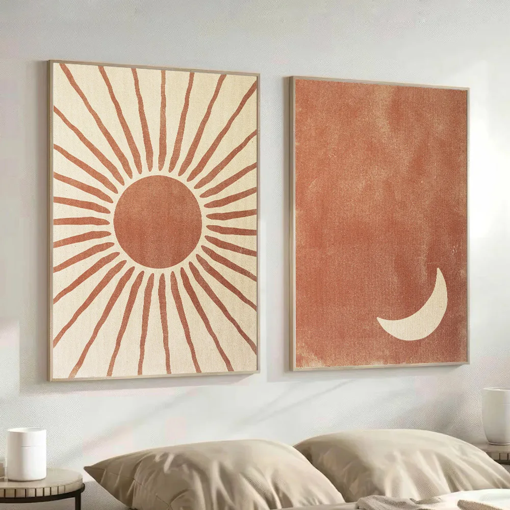 Set of 2 Unframed Boho Moon Sun Wall Art Canvas Poster Minimalist Terracotta Bohemian Abstract Art Aesthetic Decor Painting