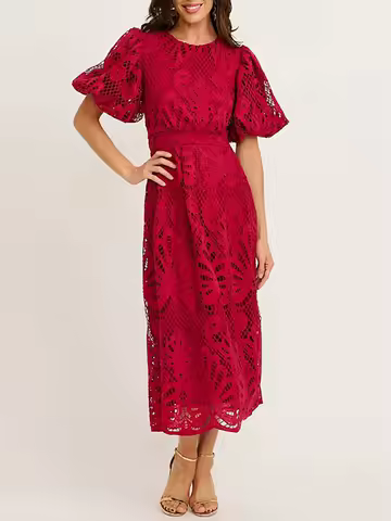 Fashion Solid Color Lace Party Dress Elegant Lady High Waist Pleated A-line Dress 2026 New Hollow Out Puff Sleeve Evening Dress