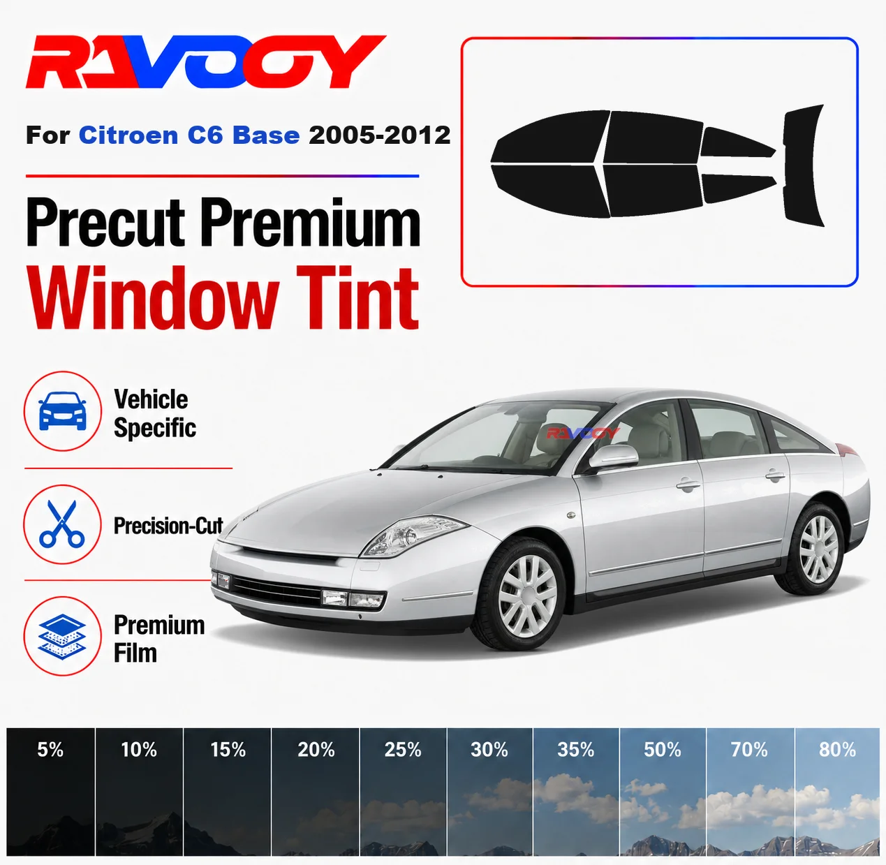 Premium Precut Window Tint Kit Front Rear Windows Rear Windshield For Citroen C6 Base 2005-2012 Complete Set Nano Ceramic Film