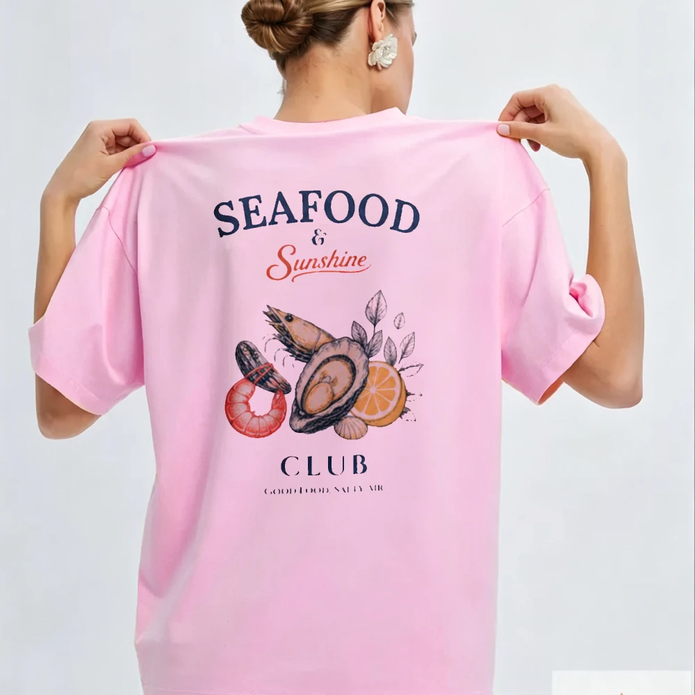 Vintage Graphic Cotton Tee Short Sleeve Crewneck Relaxed Fit Beach Summer Vacation Seafood Sunshine Shrimp Oyster Orange Leav