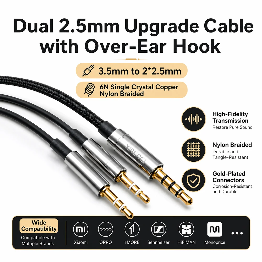 Nylon Braided Headset Wire 3.5mm To 2*2.5mm, Monocrystal Copper Gaming Cable Wth Microphone For 1MORE