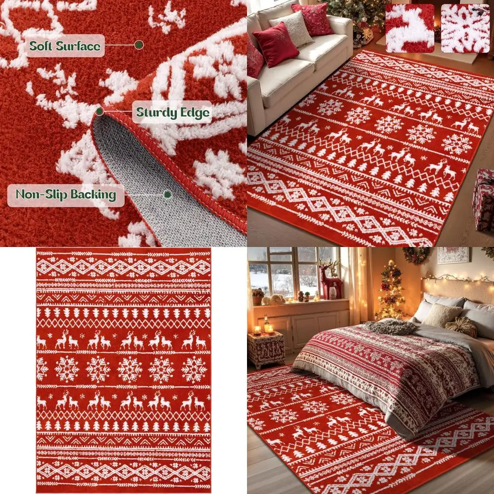

5x7ft Red Snowflake Rug - Non-Slip, Washable, Low Pile for Holiday Living & Bedroom Decor