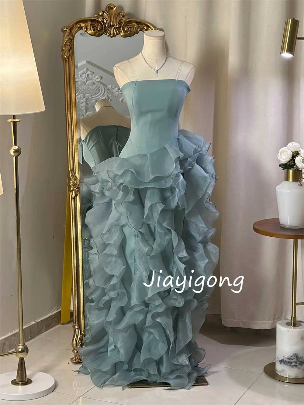 Sukienki na zamówienie z organzy z efektem brokatu, plisowane, z falbanami, o kroju litery A, bez ramiączek, długie, na specjalne okazje, na studniówkę, wysokiej jakości, pasujące do siebie.