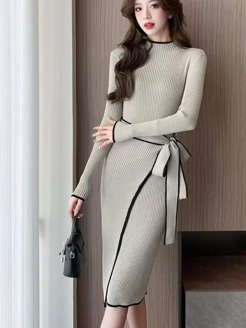 

New Women Knitted Dress Autumn Winter Elegant Slim Lace-Up Long Sleeve Bottoming Sweater Dress Fashion Office Female Vestidos