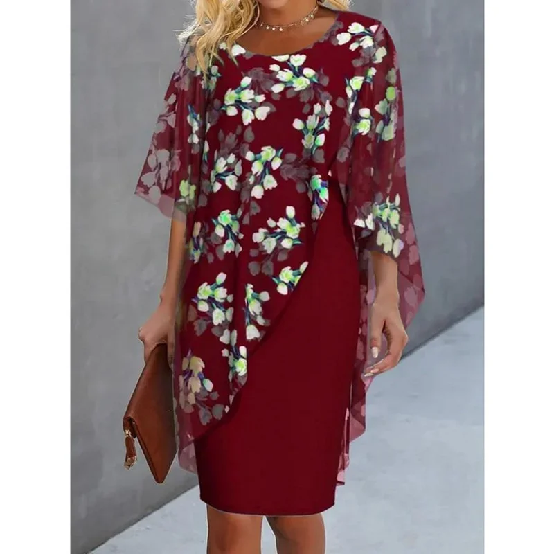 2024 Elegant Irregular See-through Mesh Decoration Dresses Women Flower Print Dress Female Comfortable Commuter Half Sleeve Gown