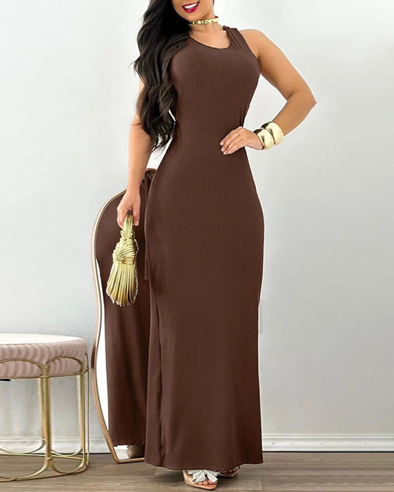 Women's Dress U Neck Sleeveless Tied Detail Maxi Dress Casual Backless Slim Fit Dress Sexy Hip Hugging Elegant Dress