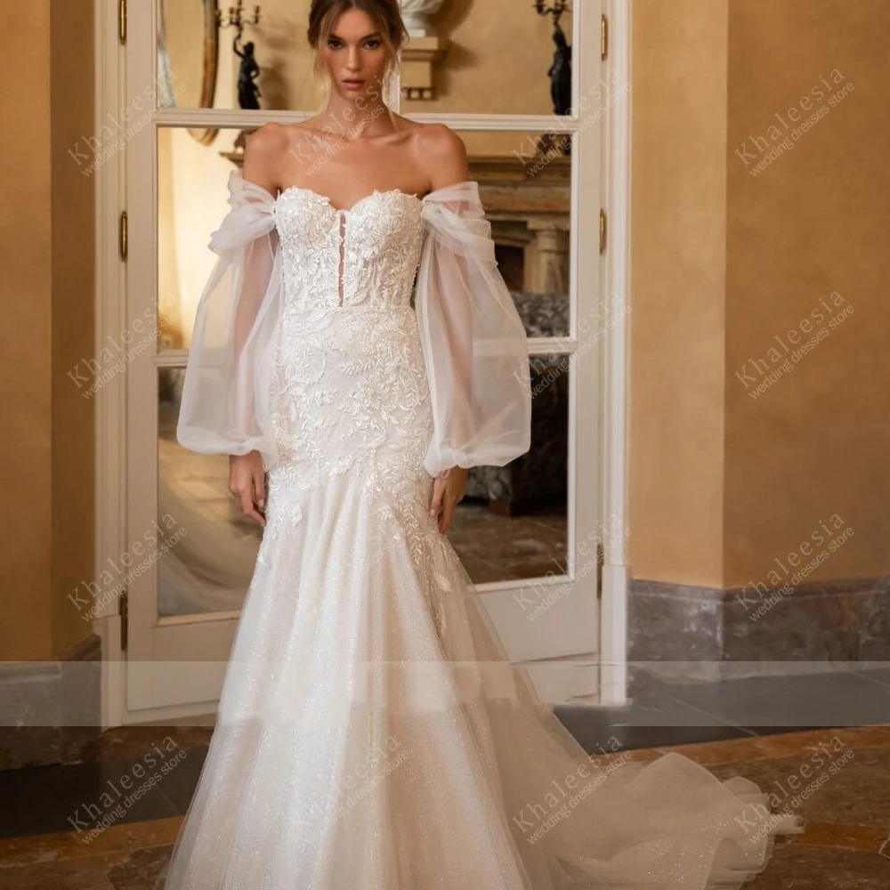 

Gorgeous Wedding Dresses Modern Bridal Gowns Lace Appliques Off The Shoulder Puff Sleeves Robes Vestidos De Novia Customized