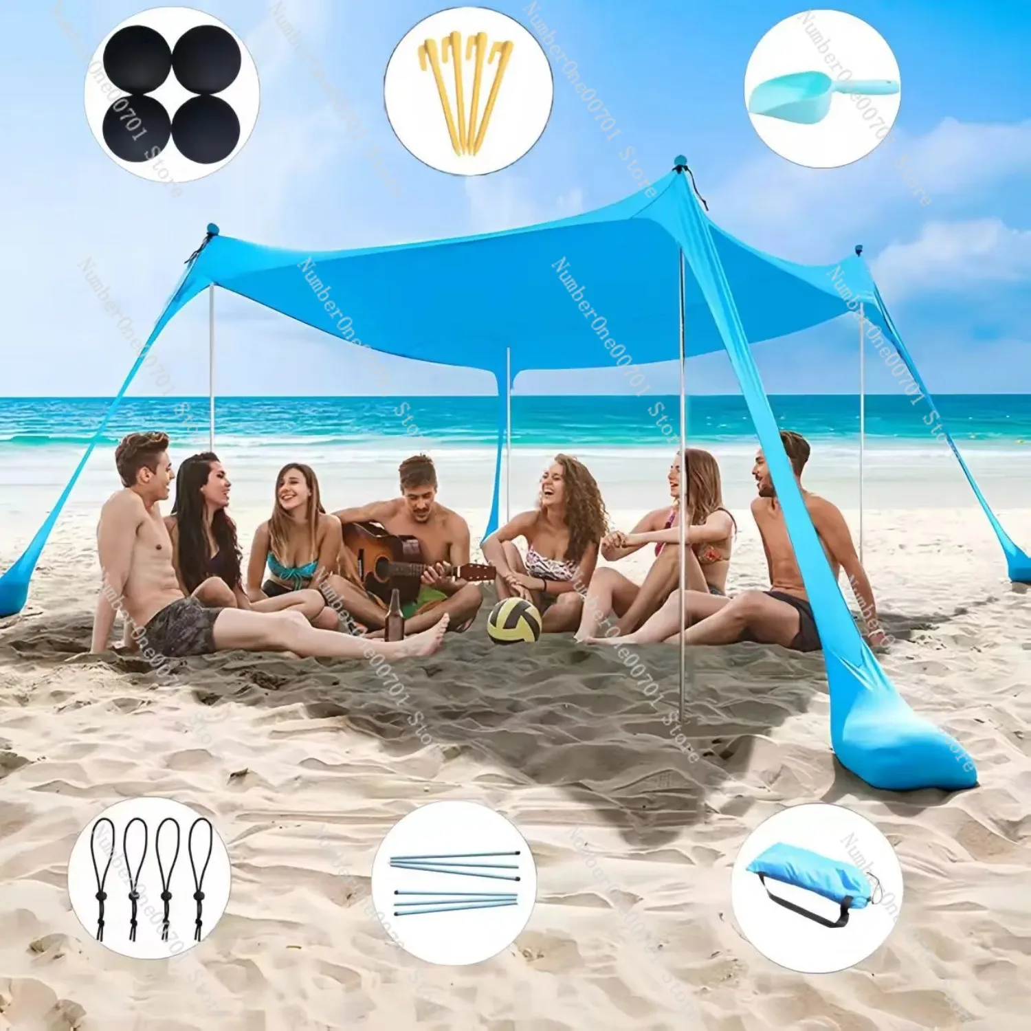 Beach Tent Camping Sun Shelter UPF50+ with Sand Shovels Ground Pegs & Stability Poles Outdoor Canopy for Fishing Backyard
