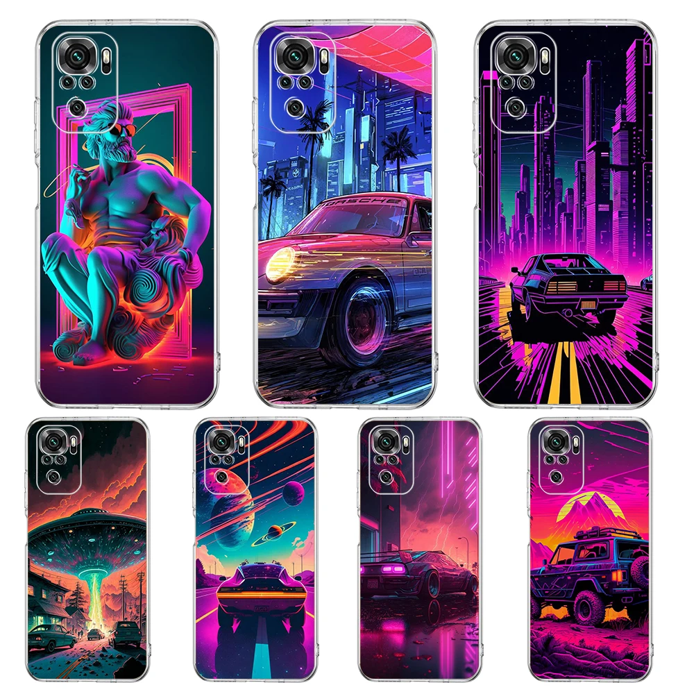 Synthwave Retro Phone Case Cover for Redmi Note 10 11 11T 7 8 8T 9 K40 Gaming 9A 9C Pro Plus Transparent Silicone Shell Capa Bag