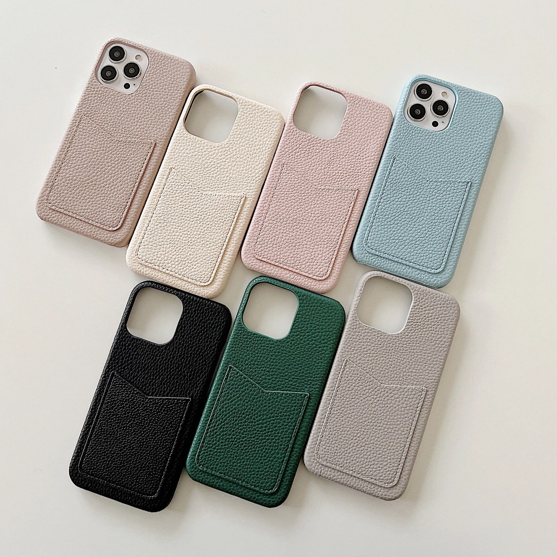 

New Suitable for iPhone 15 V-shaped Card Case 14 Promax Lychee Pattern 13 Prom Heat Dissipation 12 Half Pack 11 Protective Cover