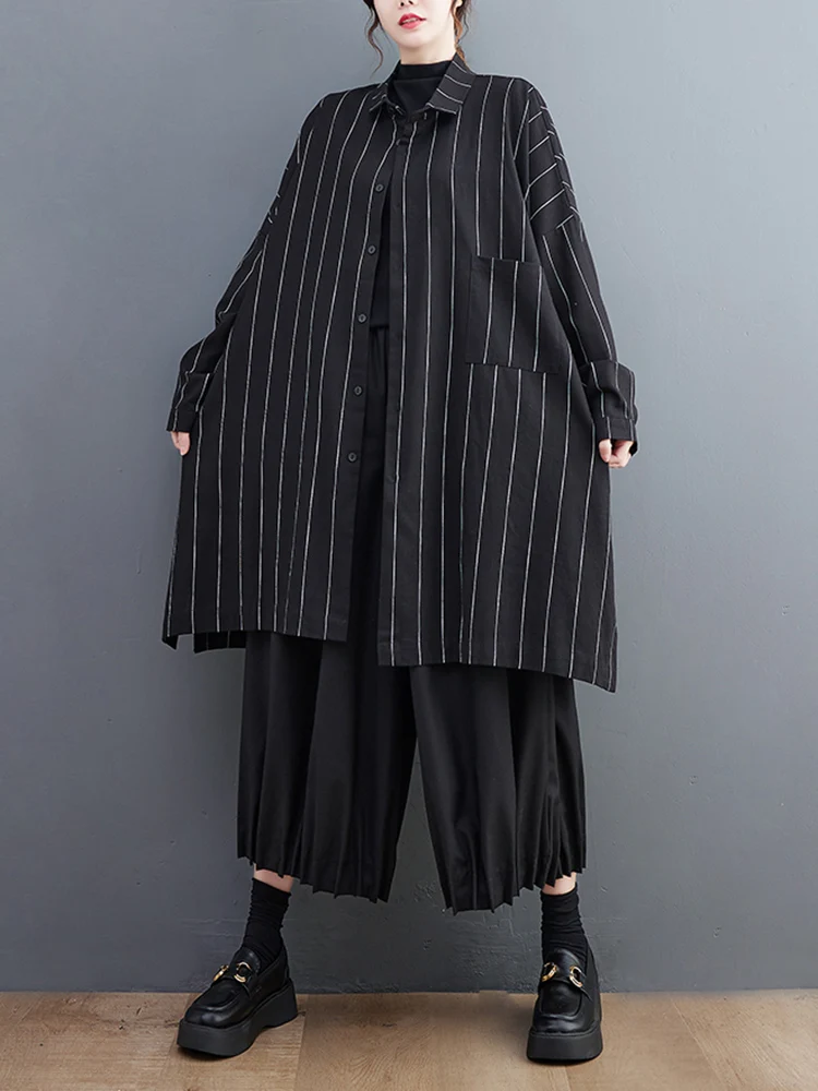 Oversized Black Vintage Striped Shirt Women New Long Sleeve Loose Casual Blouse Top Femme Fashion Clothing Spring Autumn 2024