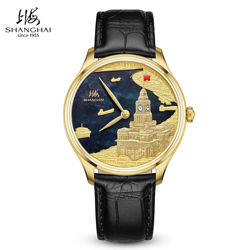 Shanghai Watch Chime On The Bund Series 40mm Automatic Watches 18k Gold 3D Hand Chasing Repoussé Mechanical Clock Limited S1005