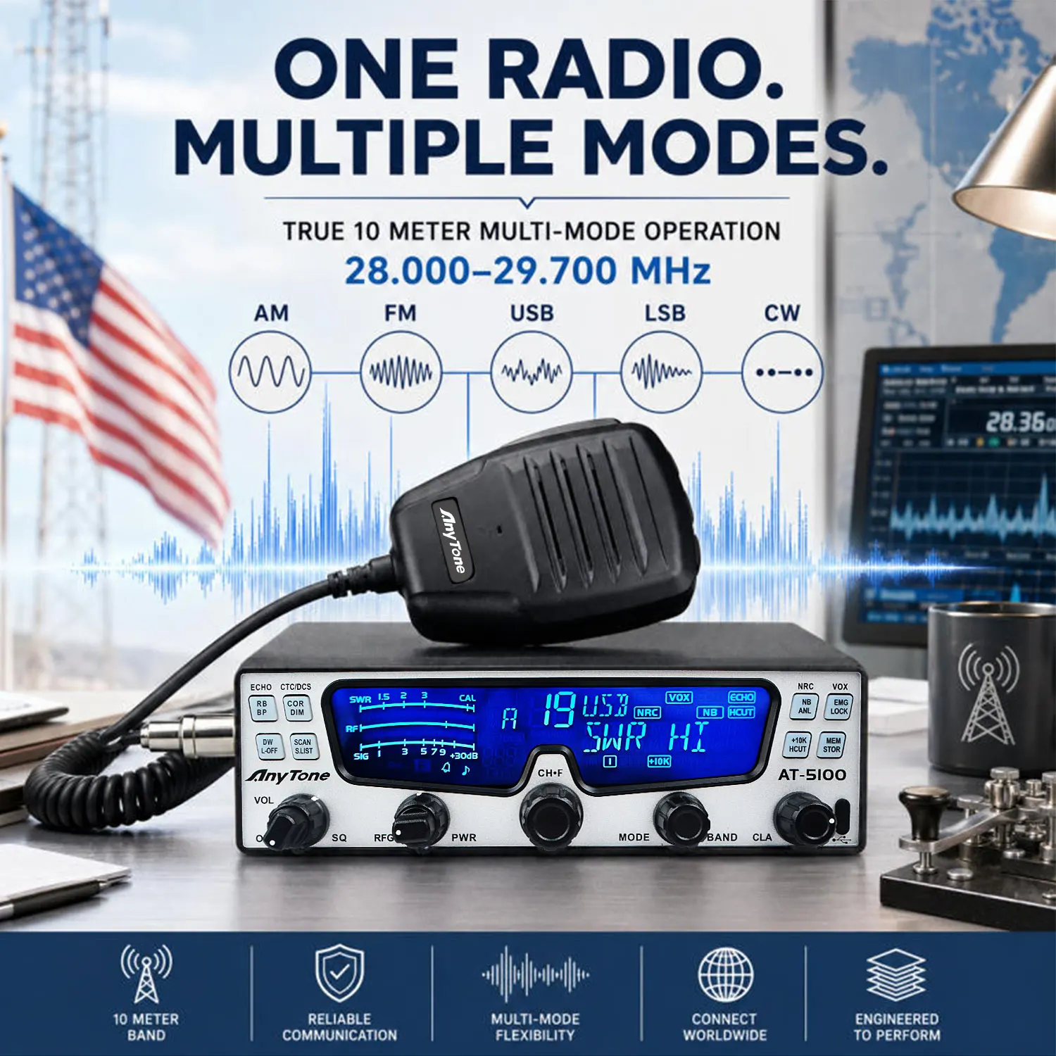 Anytone Walkie Talkie AT-5100 10m Amateur Mobile Radio SSB AM FM USB LSB CW PA 35W PEP NRC Noise Reduction HF CB Transceiver