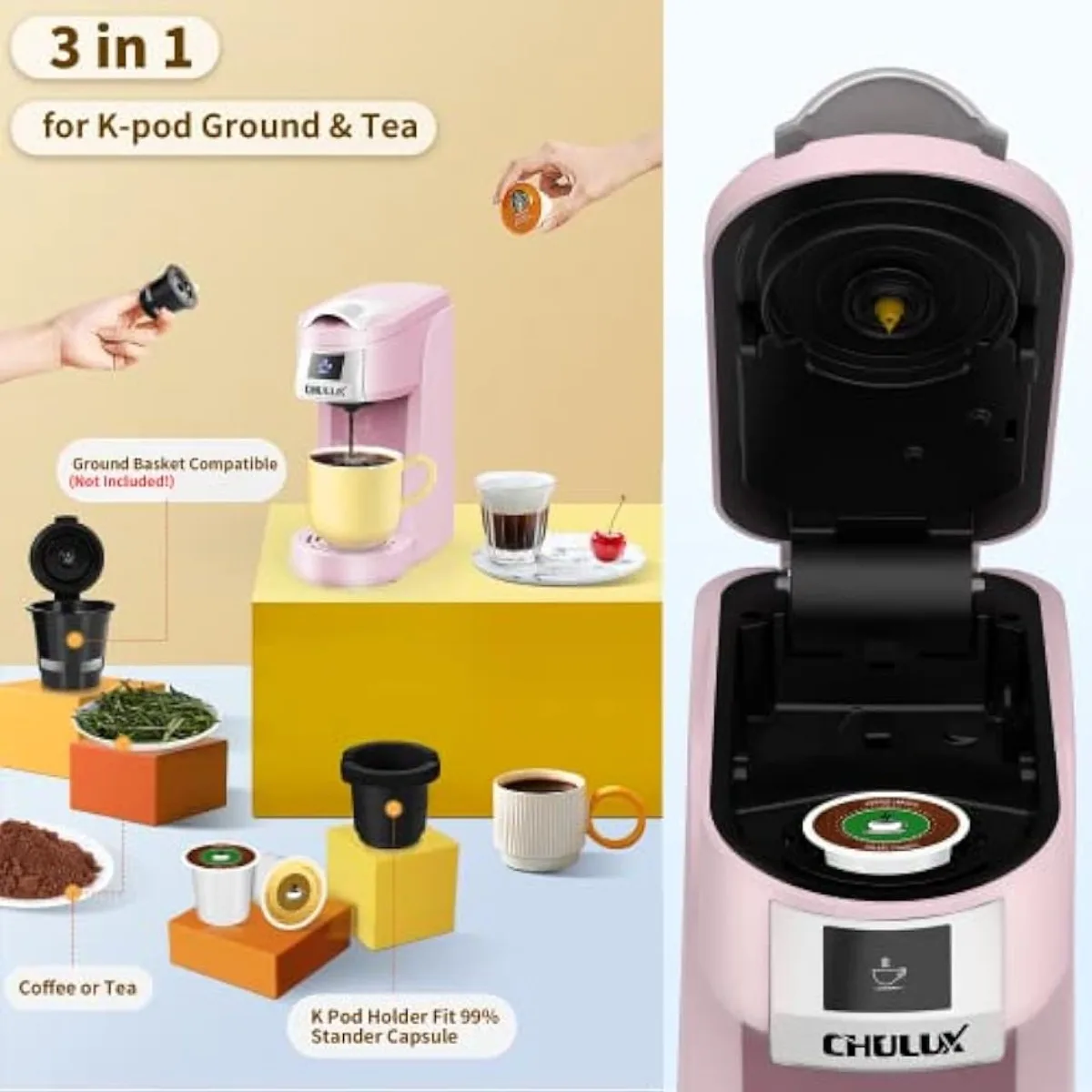 Single Serve Koffiezetapparaat Voor K Cup & Gemalen Koffie, Roze Mini-Koffiemachine Met Één Touch-Functie | Usa | Nieuw