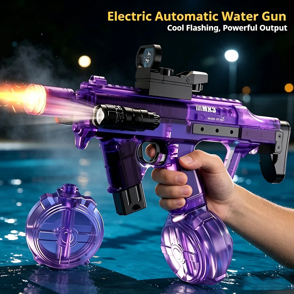 Electric Water Gun Toy Continuous Shooting Long Range Automatic Gun with Light Drum Summer Pool Beach Toys Gift