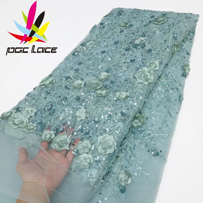 

PGC 5 Yards French 3D Flower Lace Fabric 2023 High Quality Nigerian Sequins African Tulle Fabrics For Wedding Dress Sew LY2175