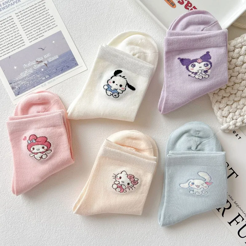 

5 Pairs Hello Kitty Socks for Girls Cute Anime Cartoon Cinnamoroll Kuromi My Melody All Seasons Cotton Socks in Tube Socks Gifts