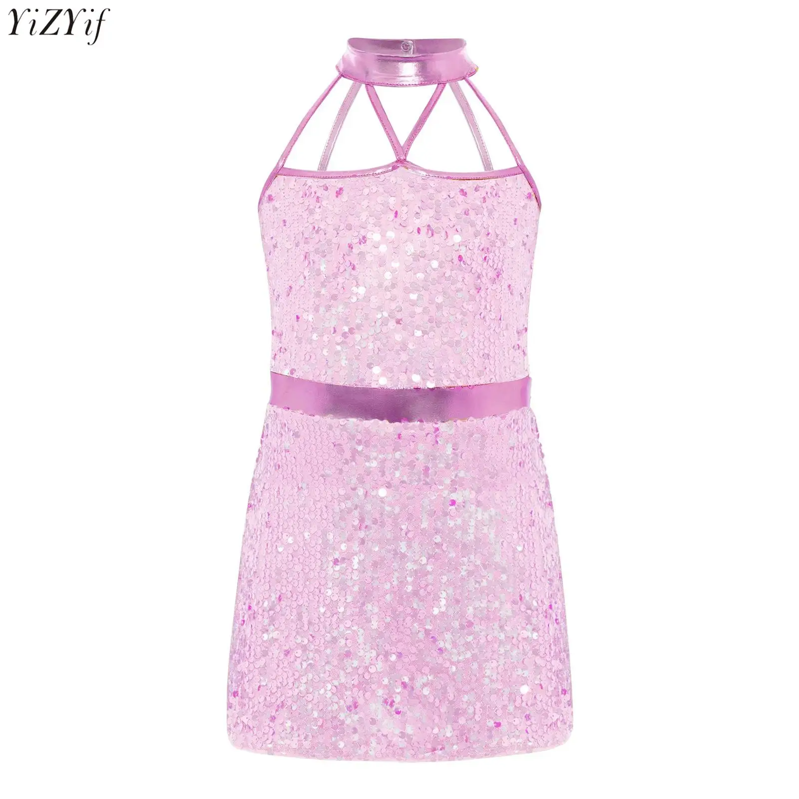 

Girls Sequins Dance Dress Strappy Sequins Metallic Sleeveless Shorty Unitard Dress Jazz Modern Latin Ballet Tango Dancewear