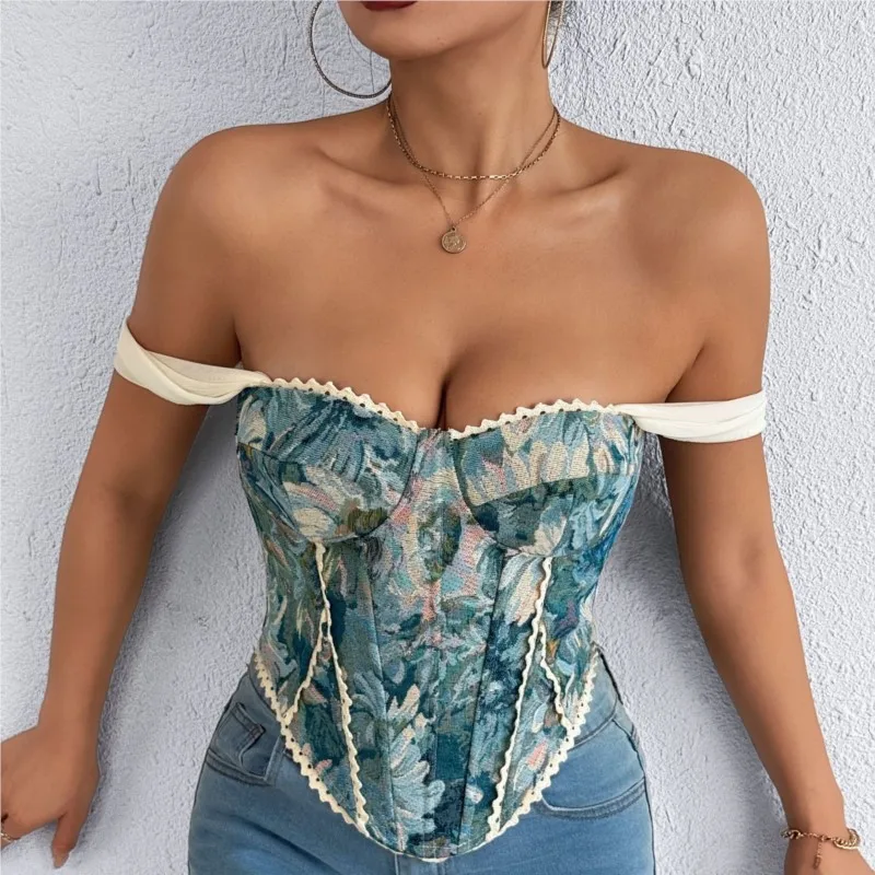 

Vintage Floral Corset Top Women Off Shoulder Bustier Boning Lace Up Waist Trainer Sexy Structured Camisole Slim Romantic Party