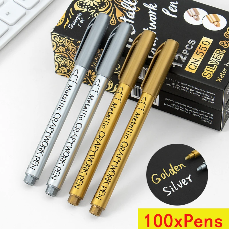 100Pcs Metallic Marker Pens Waterproof Permanent Gold Silver DIY Resin Mold Drawing Pens Student Supplies Craft Marker Pen