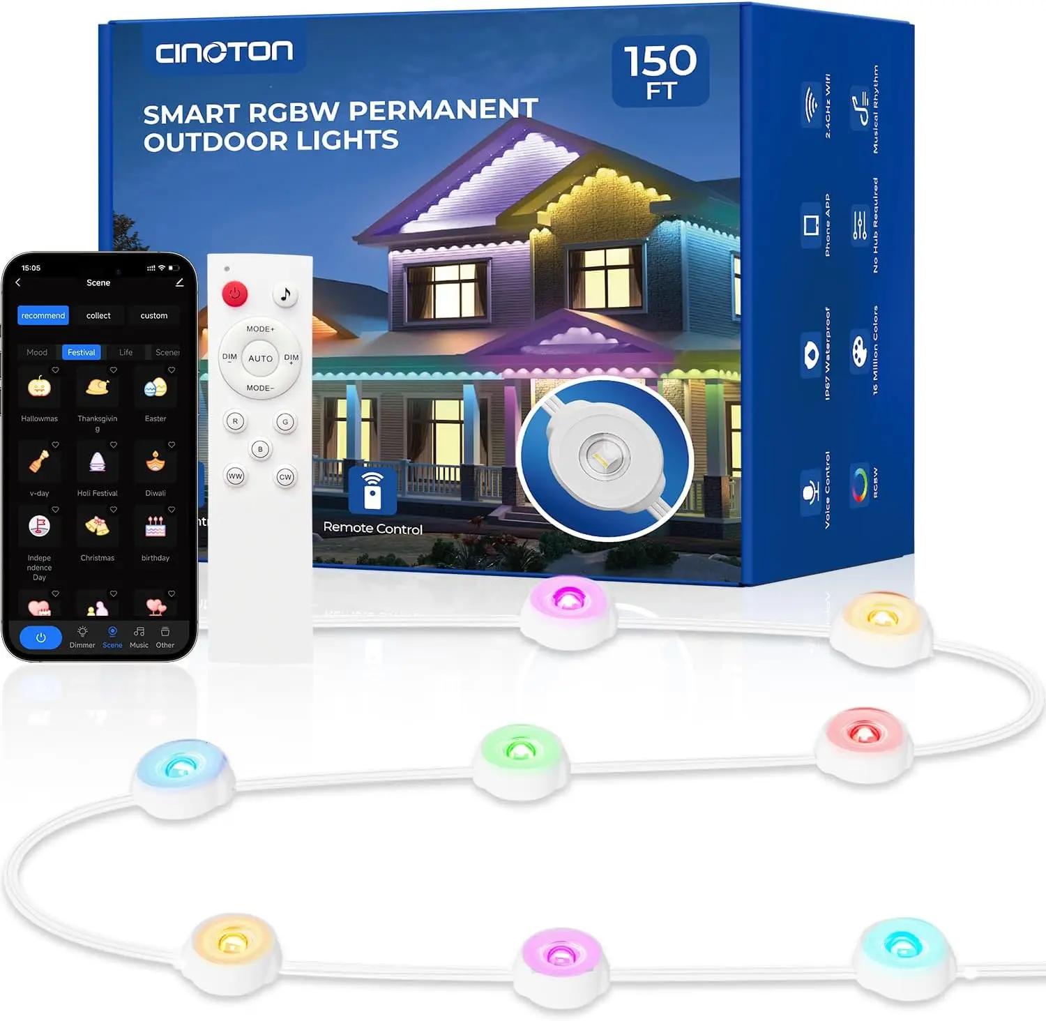 150ft Smart RGBW+IC Permanent Outdoor Eaves Lights with 90 LEDs, IP67 Waterproof, 111 Scene Modes for Daily & Control