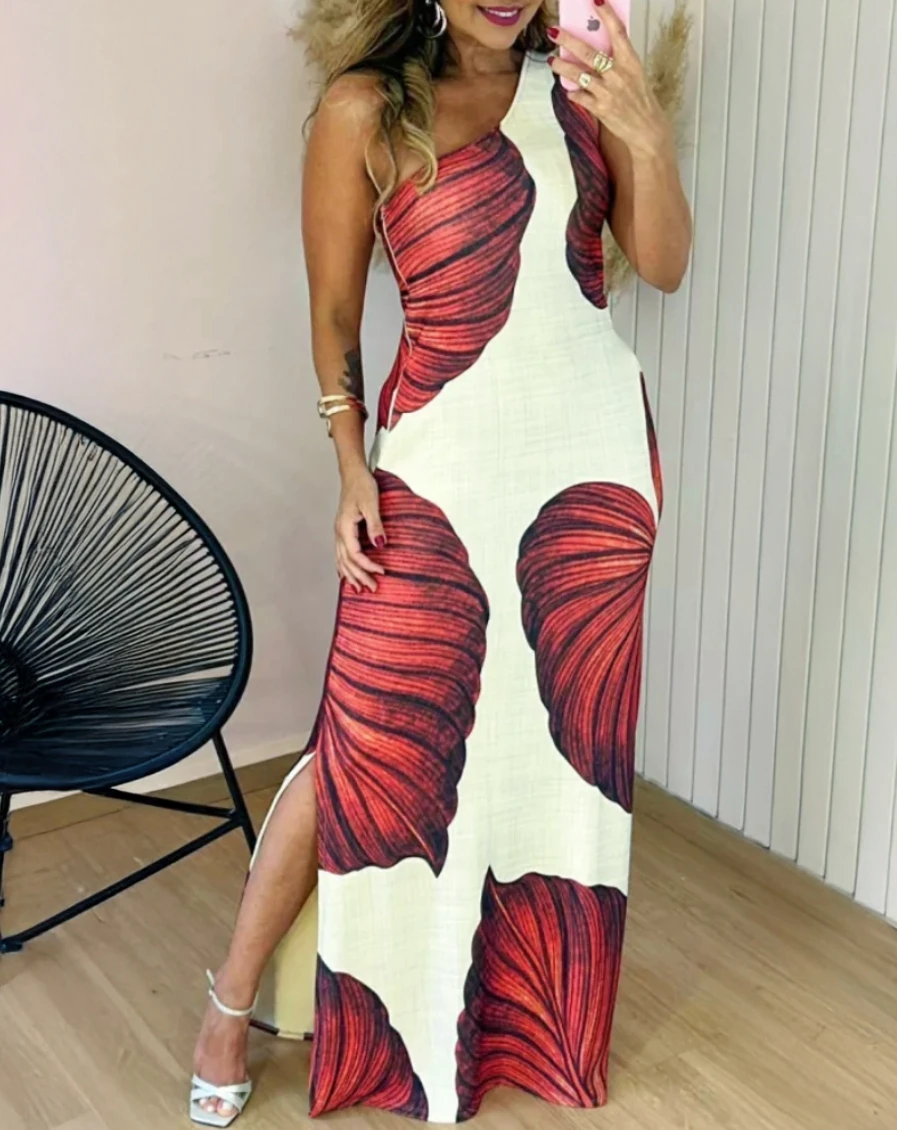 

Women's Tropical Print One Shoulder Bodycon Slit Dress Sexy Slim Fit Maxi Dress