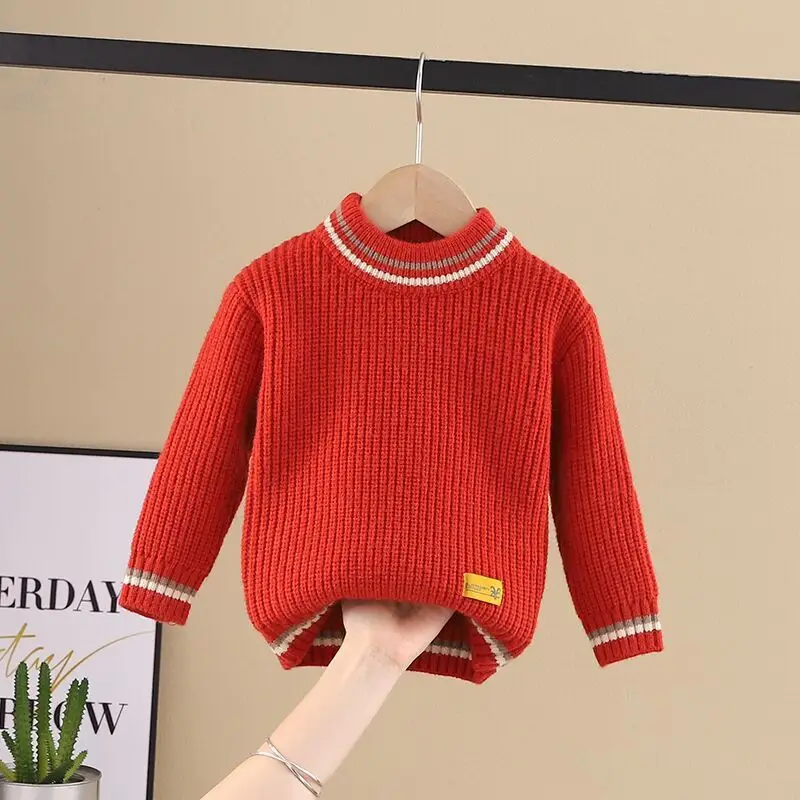 2024 New Children's Sweater Boys' Autumn/Winter Solid Color Knitted Round Neck Warm Sweater Girls' Loose Korean Sweater 0-7Y