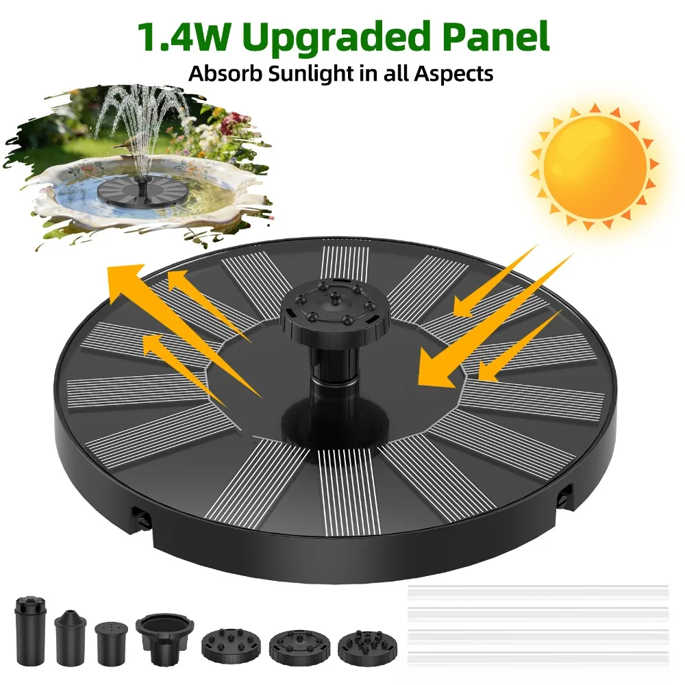 New 1.4W Solar Fountain Stable&Durable, Solar Water Pump with 6 Nozzles DIY Garden Bird Bath Pond Aquarium Water Features