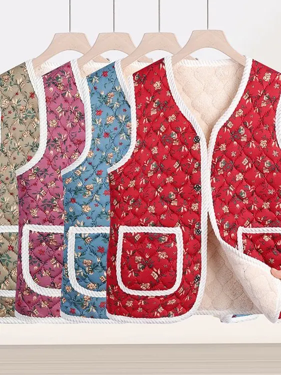 New Floral Embroidery Fleece Lined Thickened Warm Vest for Middle Aged And Elderly Women Fashionable Versatile Winter Outerwear