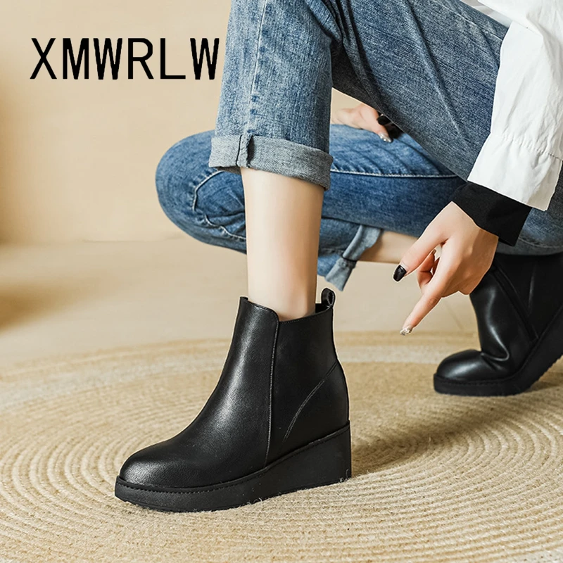 

XMWRLW Women's Ankle Boots PU Leather Autumn Winter Shoes Women Fashion High Heels Wedges Shoes Warm Plush Winter Boot Shoe