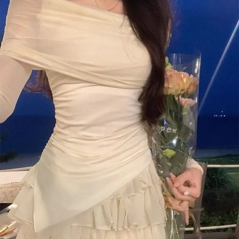 

Off Shoulder Sweet Girls Wear Suit Ruffle Long Sleeve T-shirt Cake Skirt Set Slim Fit Sunscreen Sweet Summer Clothes Holiday