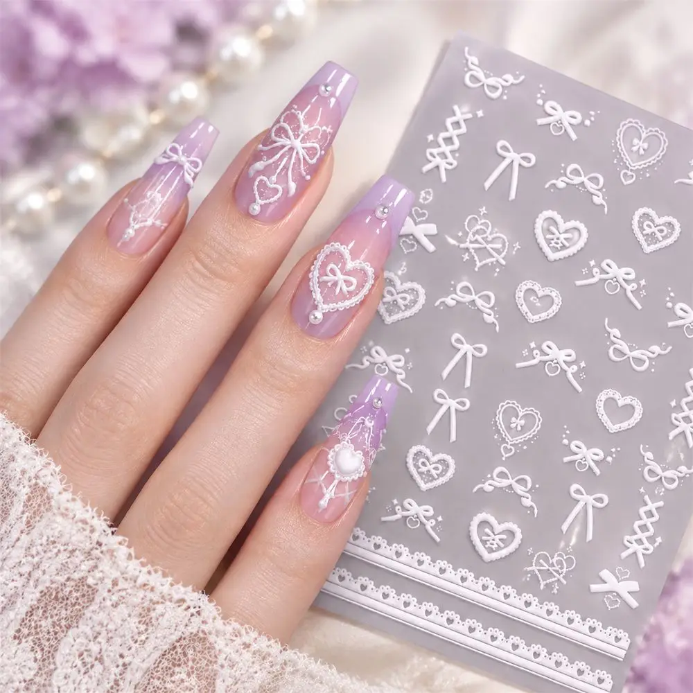 Sheer White Lace Nail Decals Bow Heart Mesh Pink 5D Embossed Self Adhesive Stickers Pure Desire Wedding Party Nail Art Decor Set