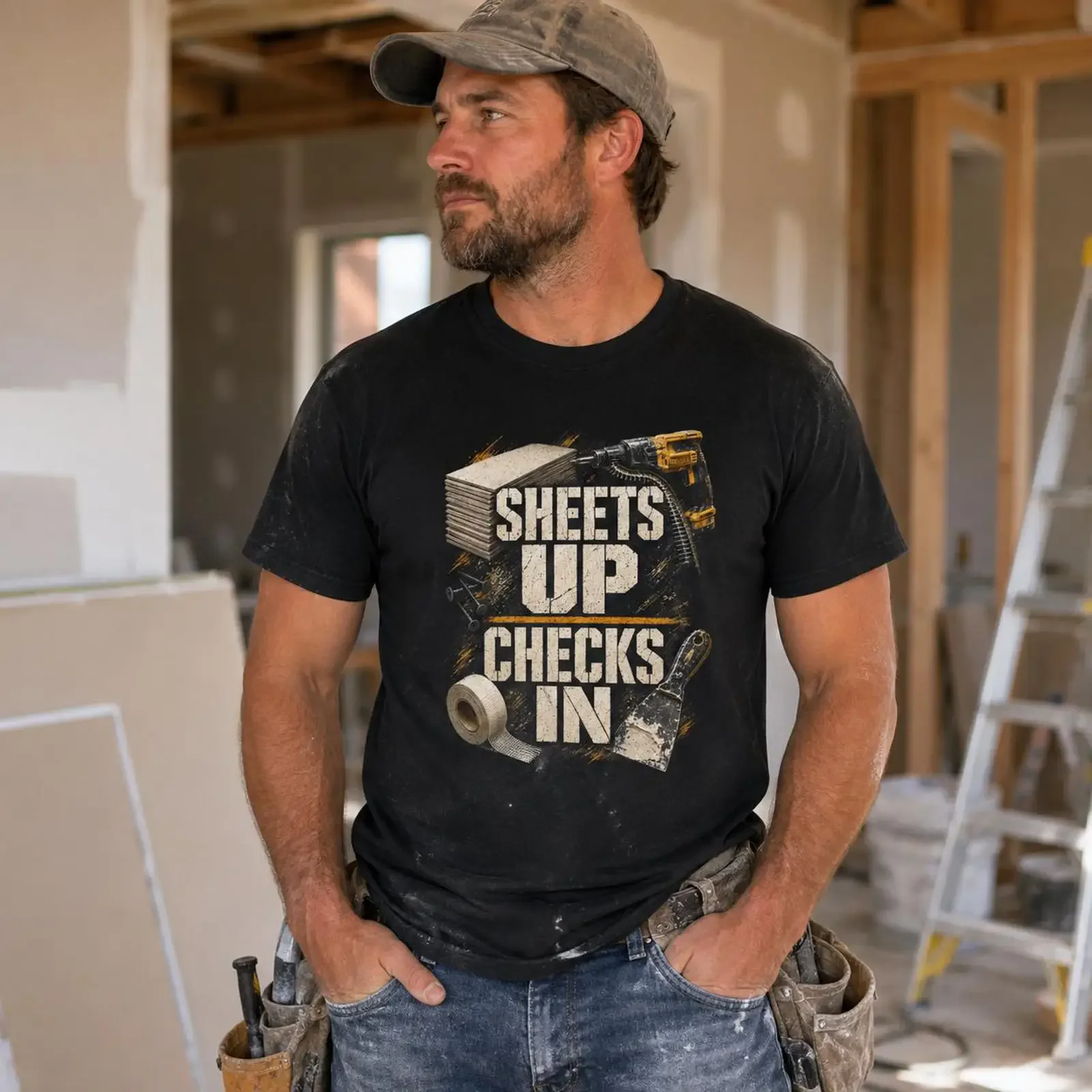 Drywall Worker T Shirt Sheetrock Hanger Sheets Up Checks In Finisher Construction vintage Washed Soft graphic fashion