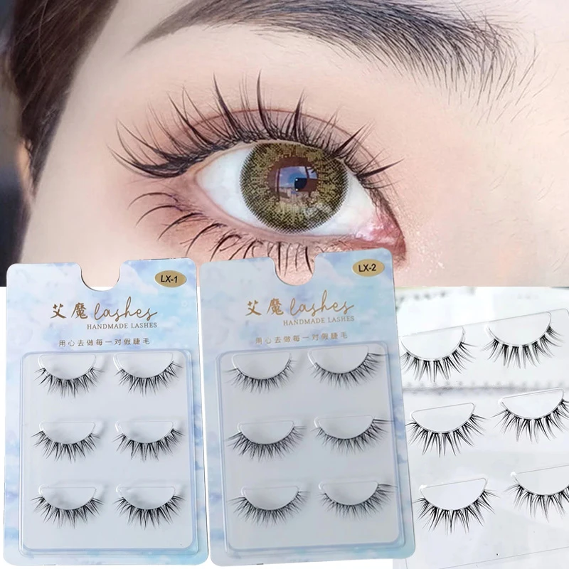 3 Pairs Natural Manga Lashes Thick Soft Transparent Stems False Eyelashes Daily Dating Makeup Eyelashes 3D Big Eye Fake Lashes