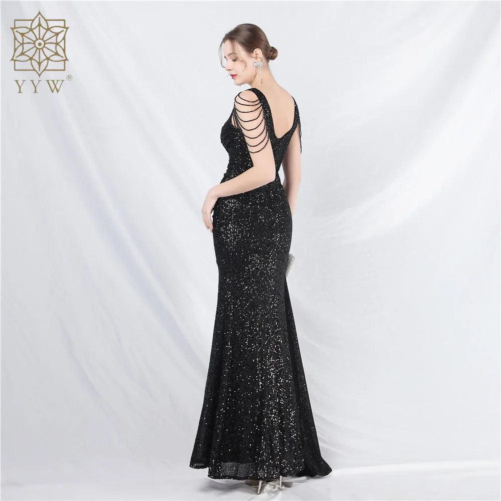 Elegant V Neck Mermaid Evening Dress Long Luxury Beads Women Evening Party Dresses 2024 New Formal Dress Sequin Slim Side Slit