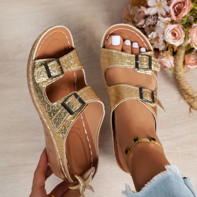 

Women Pull On Slippers New Comfort Double Buckle Wedge Shoes Ladies Plus Size Platform Sandals Casual Slippers Women