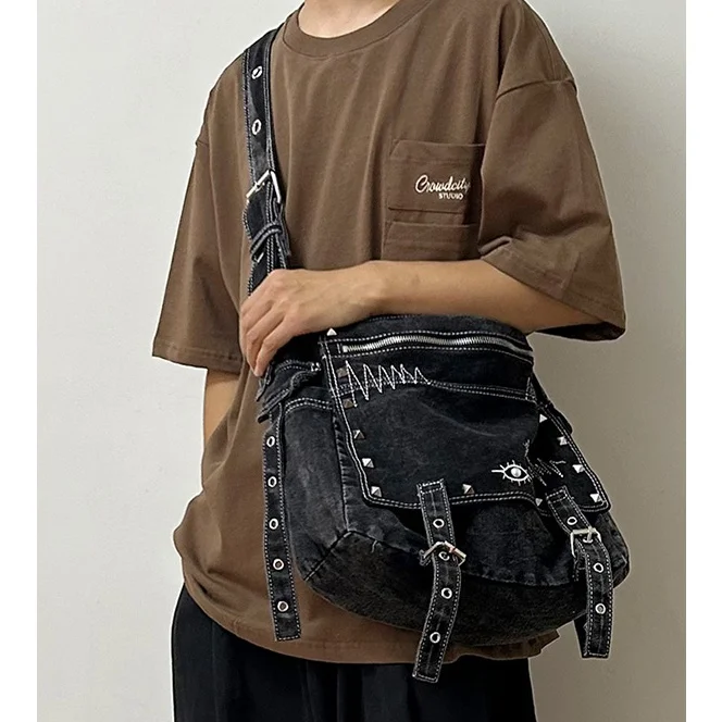 Personality Rivets Men Shoulder Bag Large Capacity Denim Messenger Bag Adjustable Strap Totes Embroidery big ladies handbag